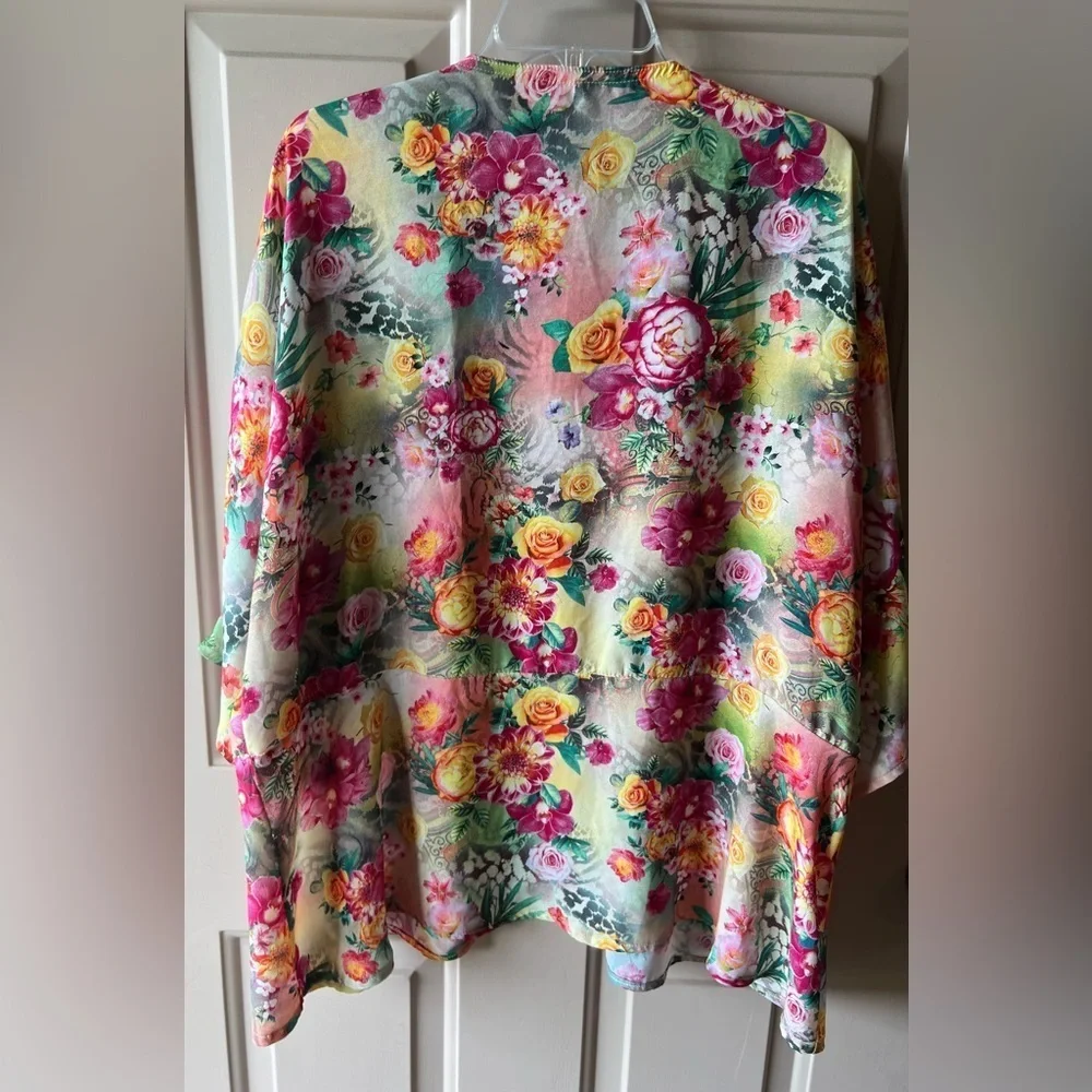 Pink Yellow Roses Flounce Kimono Jacket Robe | Romantic Boho EUC M/L OS? #1479